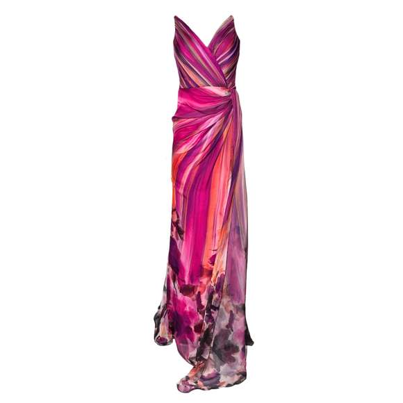 Cult Moda - Strapless Chiffon Fuchsia Prom Gown with Slit - FR 38
